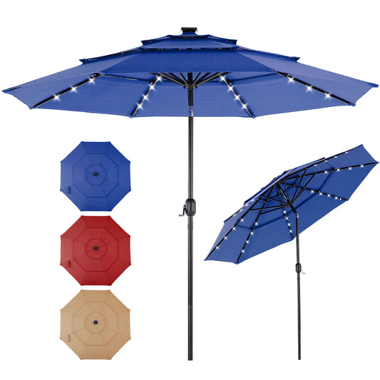10FT 3‑Tier Patio Umbrella – Solar 32 LED Lights, Tilt Function & 8 Sturdy Ribs for Backyard & Garden