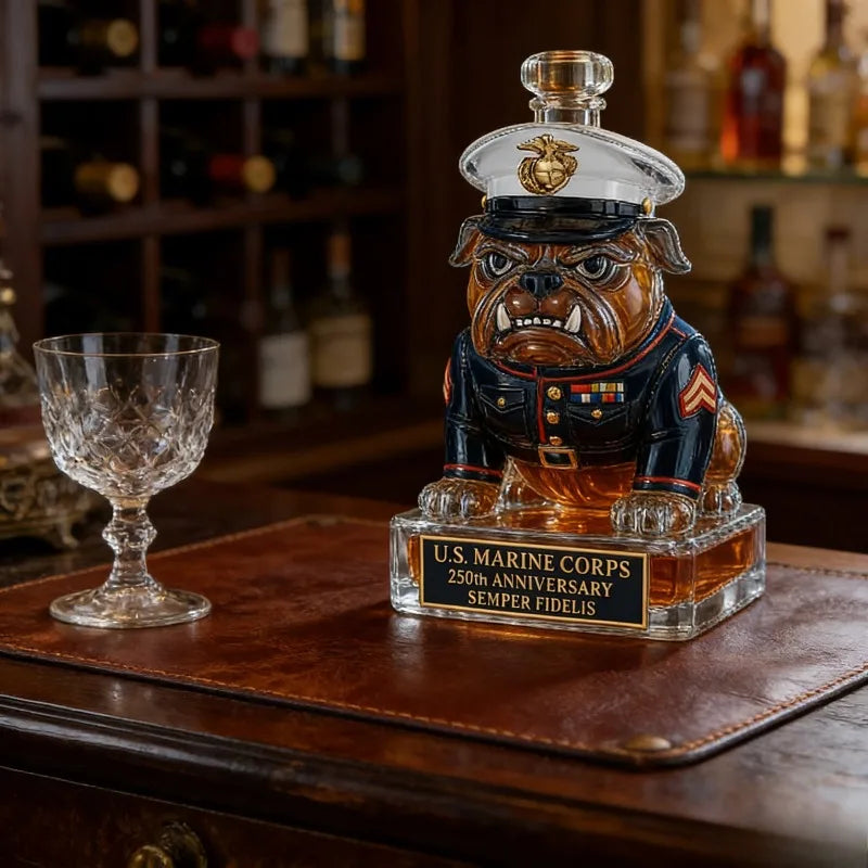 250th Anniversary U.S. Military Bulldog Whiskey Decanter, Army Themed Glass Liquor Bottle for Bar Decor & Veteran Gifts