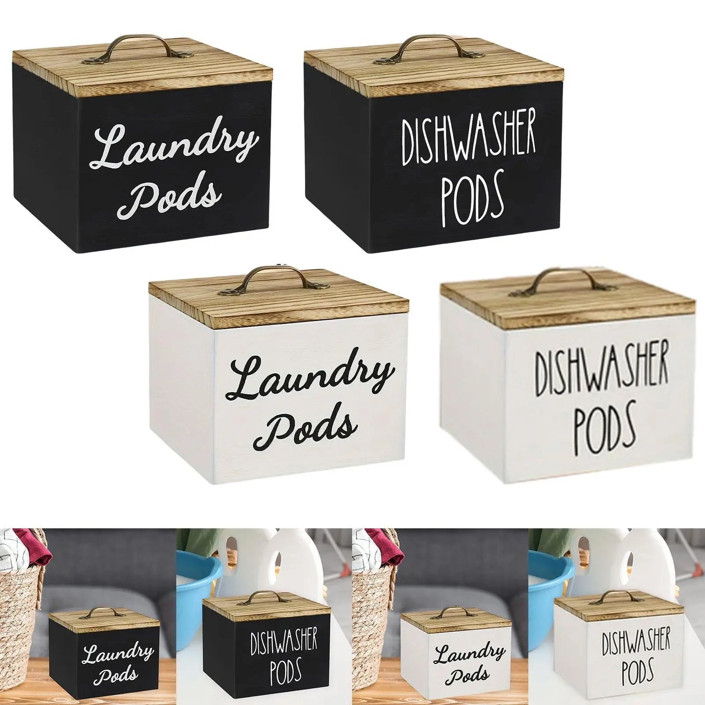 Wooden Laundry/Dishwasher Pod Holder Dispenser with Lid for Organized Washroom or Kitchen