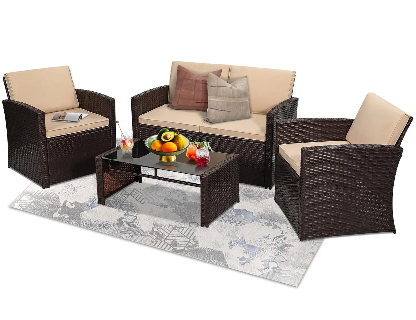 4‑Piece All‑Weather Rattan Sectional Sofa – Outdoor Patio Furniture Set with Cushions & Tempered Glass Table