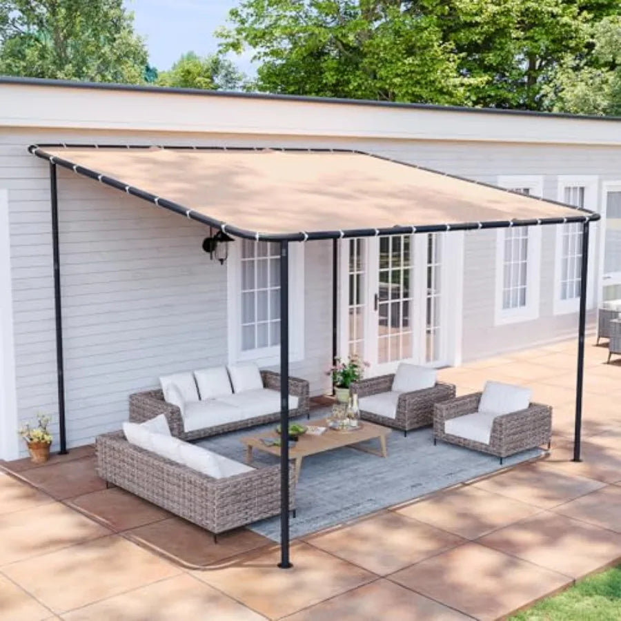 10x12 Lean to Gazebo Outdoor Pergola with Water Resistant UV-Resistant Wall-Mounted Canopy Sloped Roof Awning for Patio or Backyard