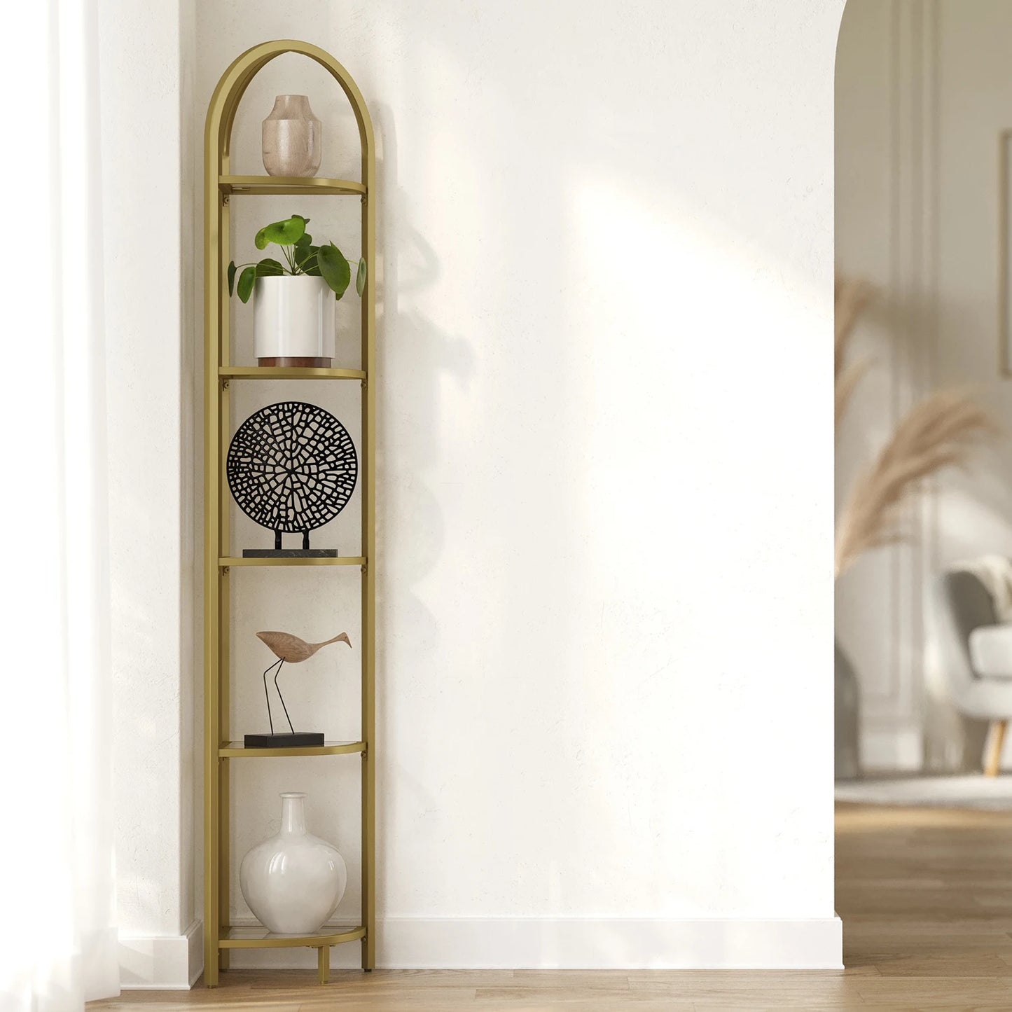 5-Tier Tempered Glass Corner Shelf | Modern Steel Frame Storage & Display Stand