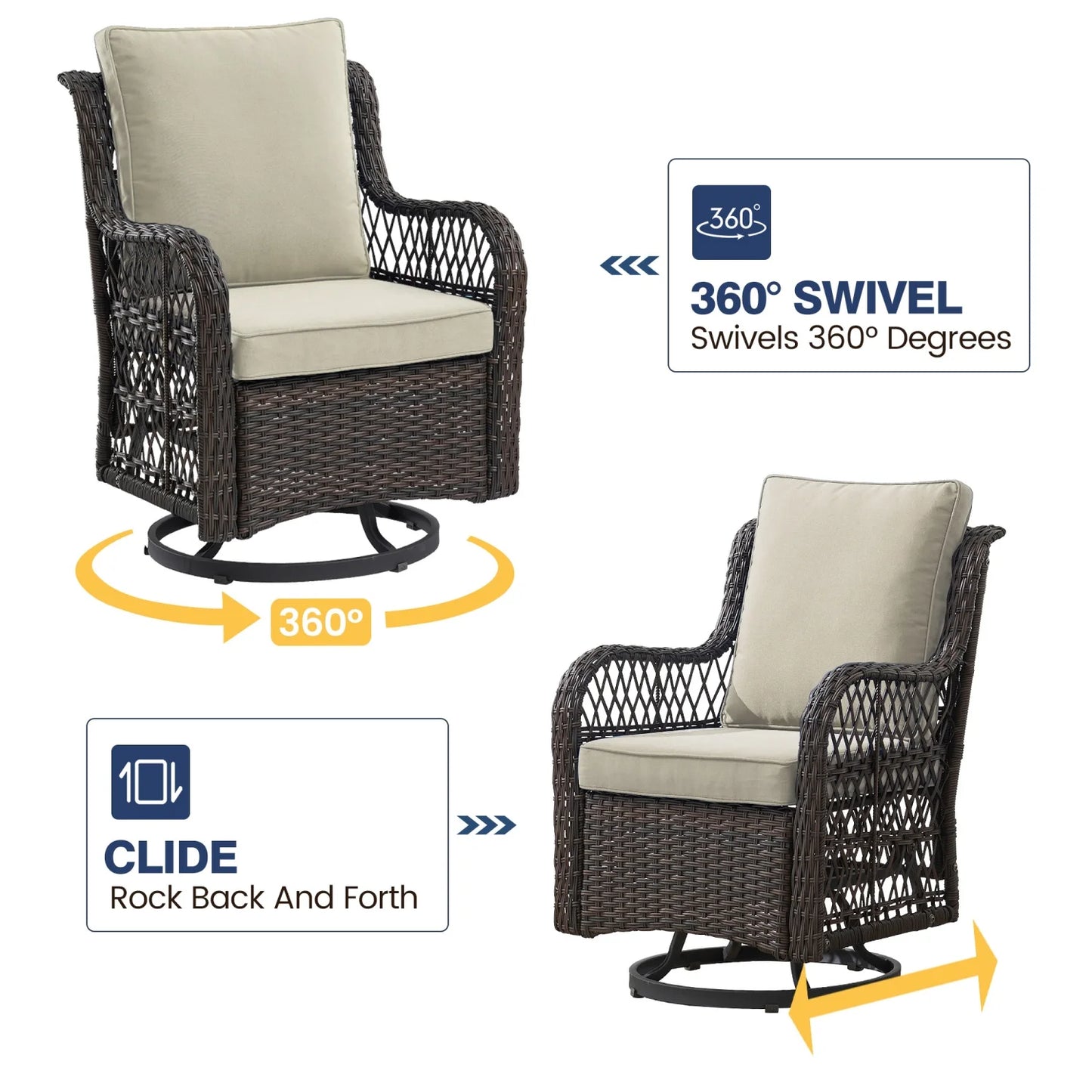 3‑Piece Outdoor Swivel‑Glider Rocking Chair Set – Cushioned Chairs & Glass‑Top Side Table