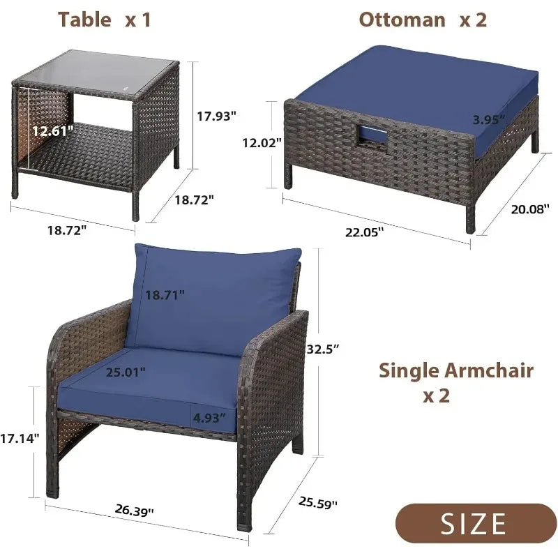 5‑Piece PE Wicker Patio Conversation Set – Lounge Chairs with Cushions, Ottoman & Side Table