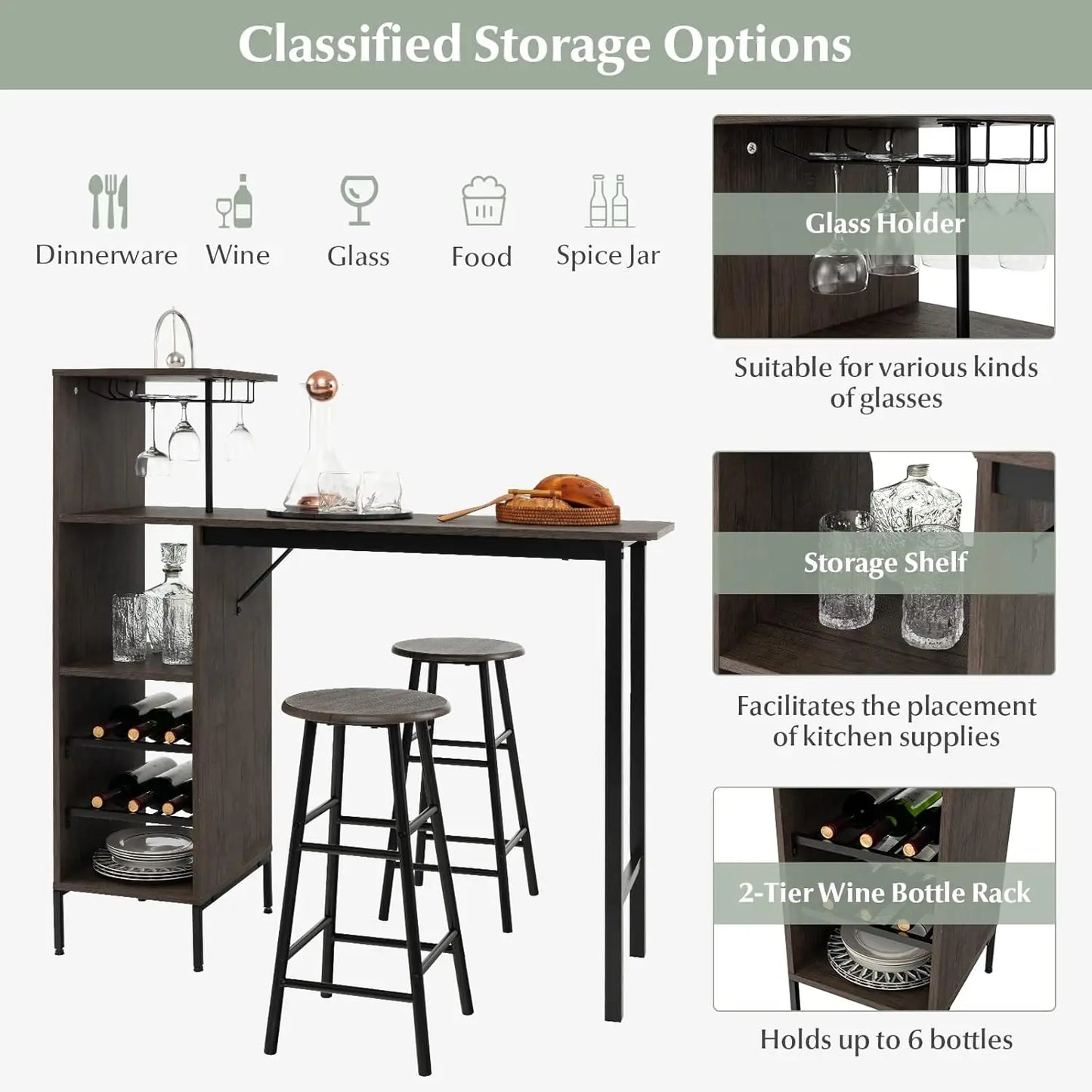 3‑Piece Bar Table & Stool Set – Space‑Saving Design with Built‑In Glass Holder