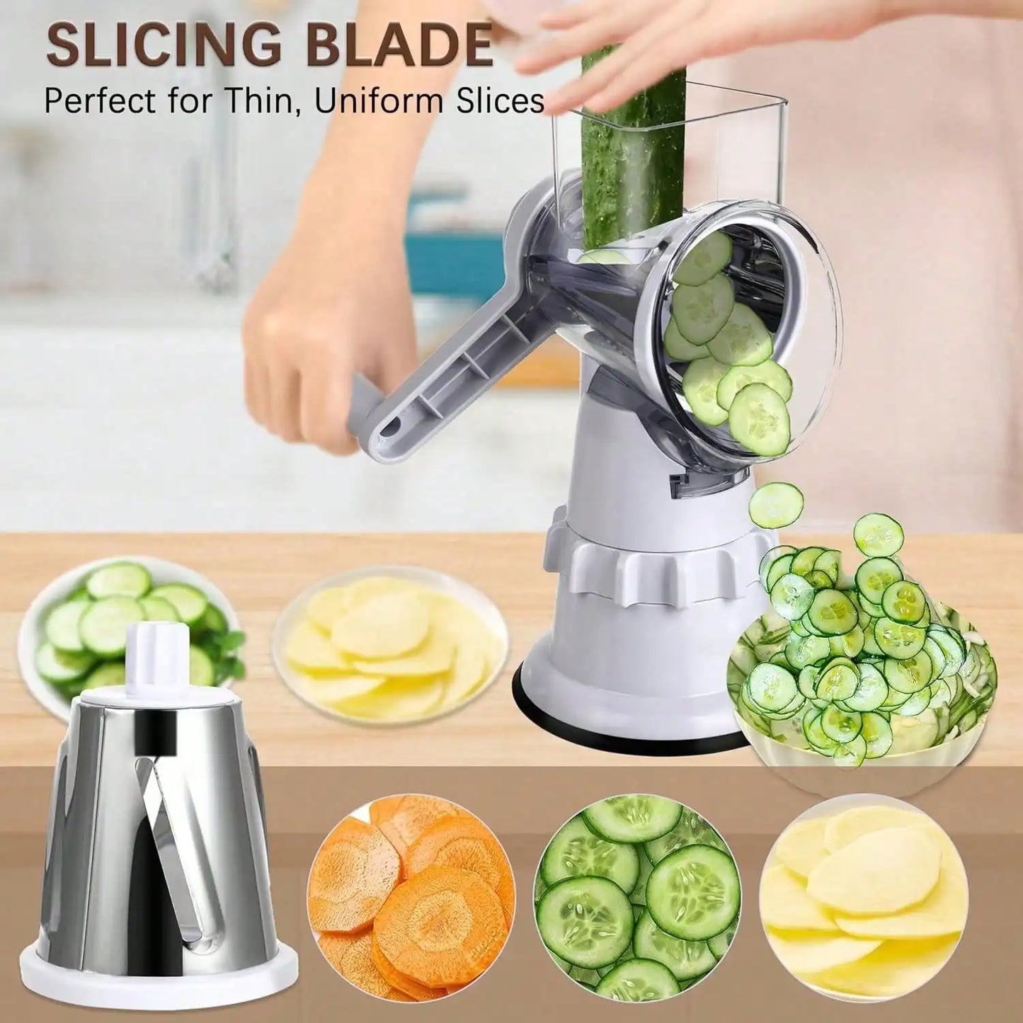 Rotary Cheese Grater Hand Crank - Vegetable Slicer with 3 Stainless Steel Blades