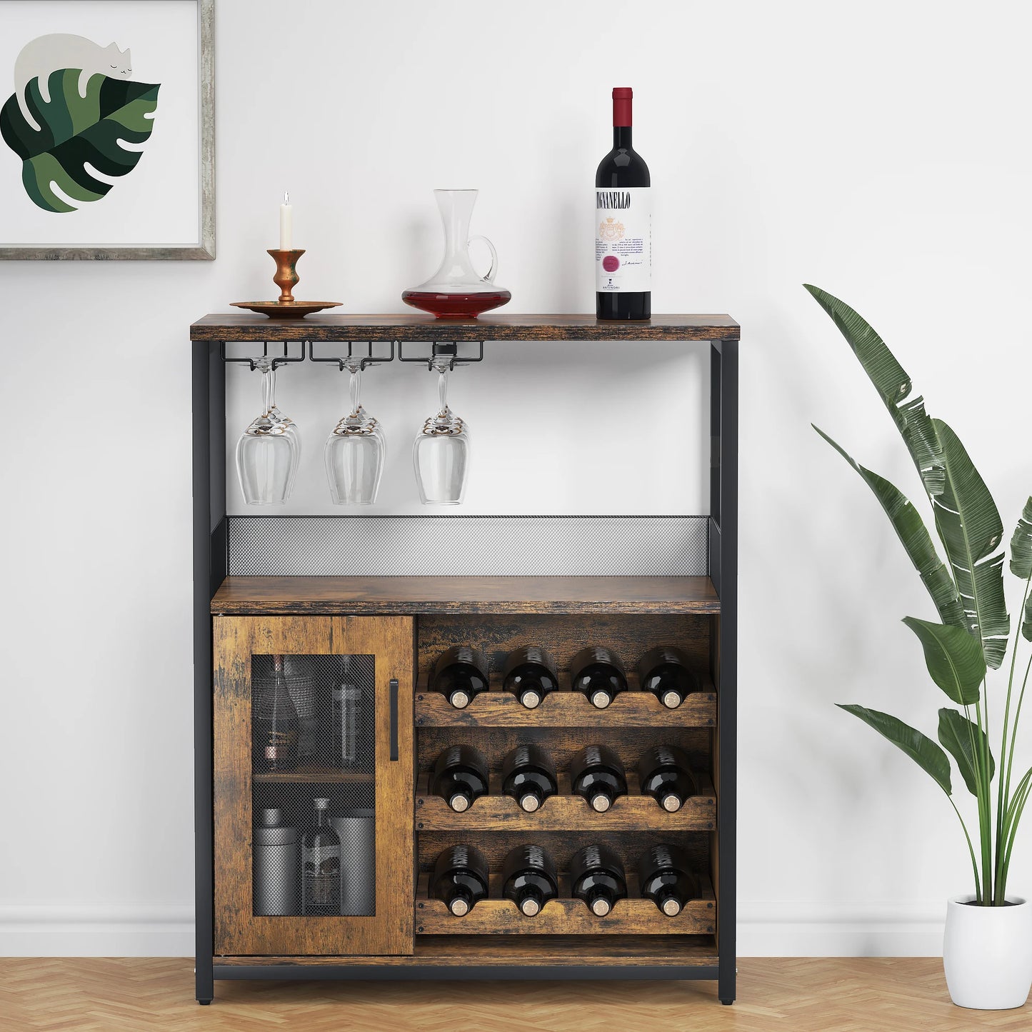 Vintage 3-Tier Wine Bar Cabinet With Adjustable Shelves & Glass Holder