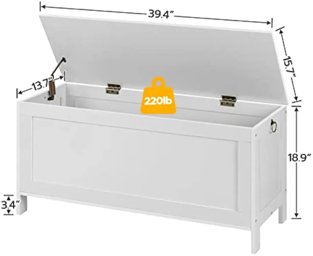 Wooden Look Storage Bench, Toy Box with Safety Hinge for Entryway Shoe Bench Supports 220 lbs, Easy Assembly White