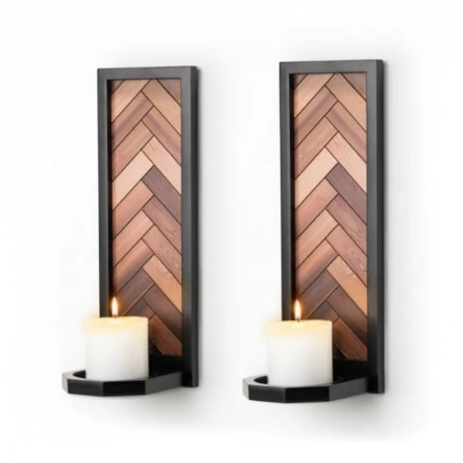 Wood Rustic Candle Sconces Set of 2 Wall-Mounted Pillar Candle Holders