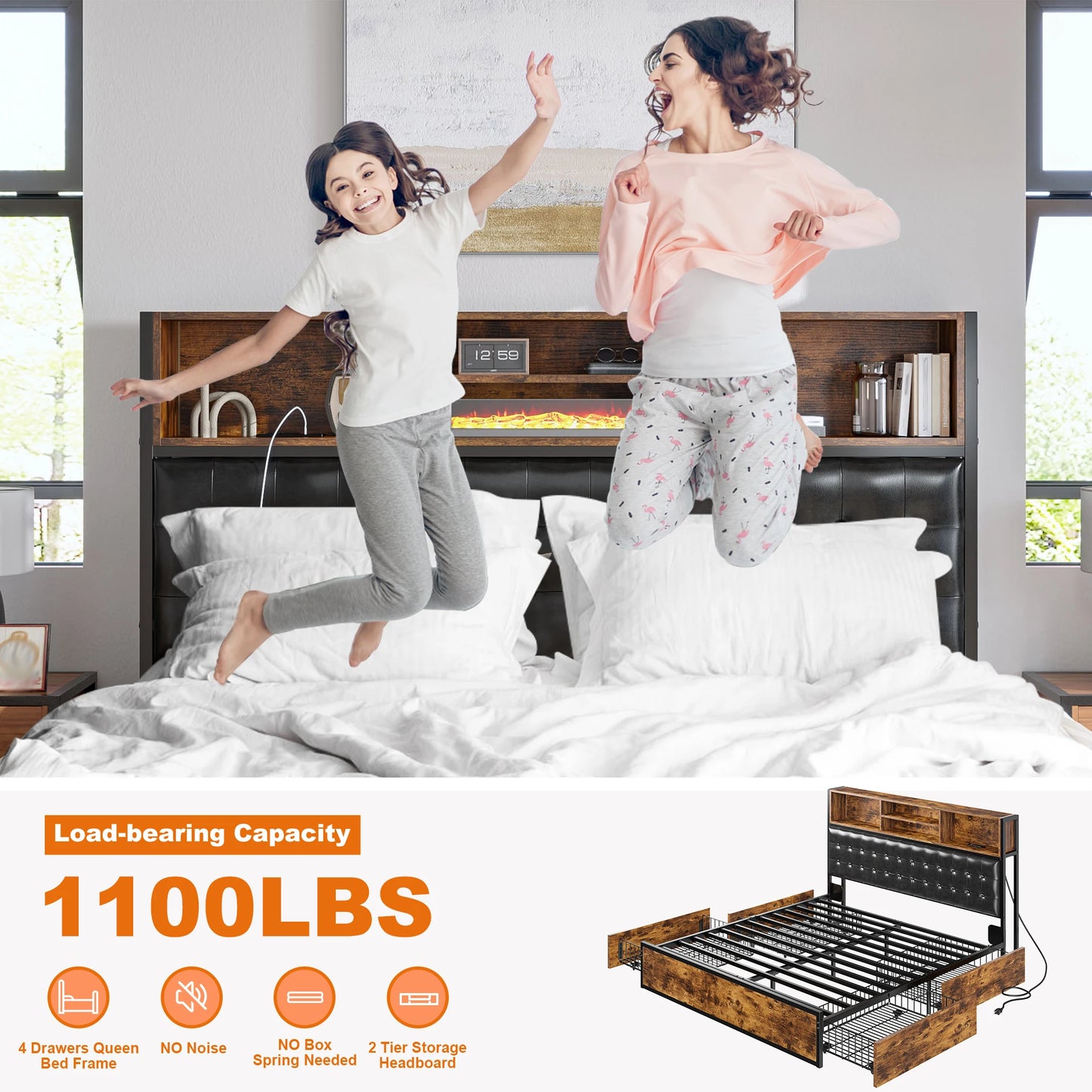 Full/Queen/King Bed Frame with Charging Station and 4 Storage Drawers, Platform Bed