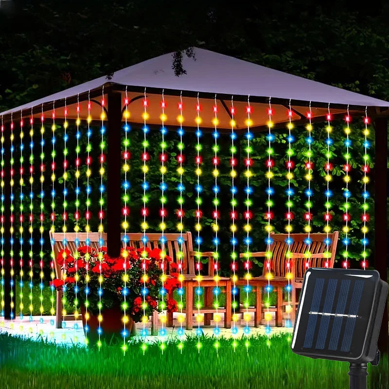 Outdoor Solar Curtain String Lights – Waterproof LED Set with 8 Lighting Modes