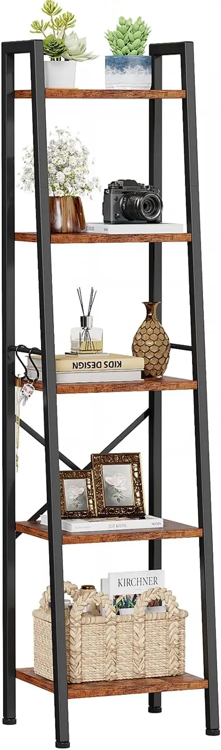 5-Tier Leaning Ladder Shelf Bookcase | Tall Narrow Storage Rack with Hooks