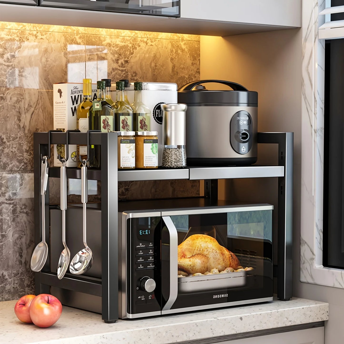 Adjustable Microwave Shelf (16"–25") – Expandable Kitchen Rack with 6 Hanging Hooks