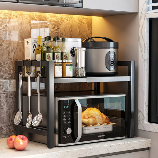 Adjustable Microwave Shelf (16"–25") – Expandable Kitchen Rack with 6 Hanging Hooks