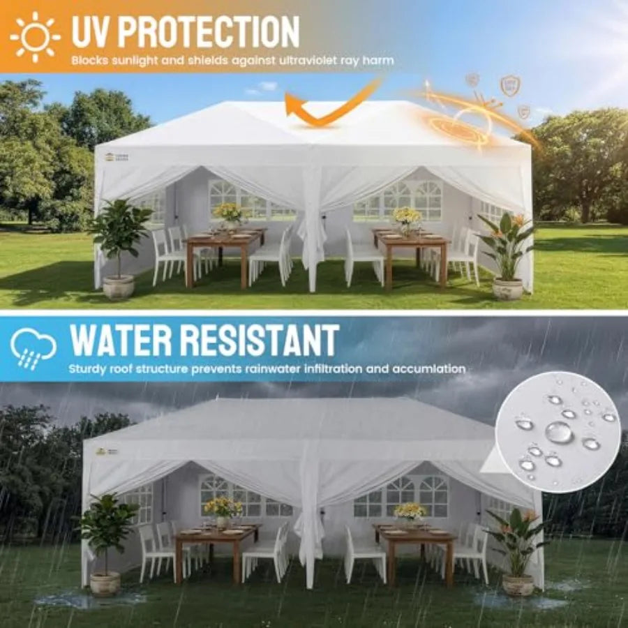10×20 Commercial Pop‑Up Canopy – White Fabric Tent with 6 Sidewalls & 6 Sandbags for Outdoor Events