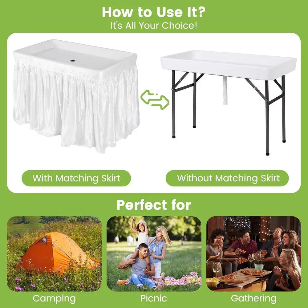 Portable Folding Ice Cooler Table – White Drink Station with Drain, Bucket & Removable Skirt for Parties & Camping