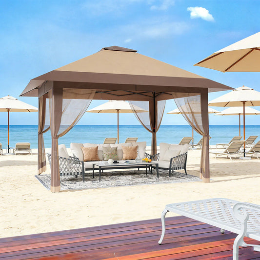 13×13 FT Outdoor Folding Gazebo – 4‑Sided Mosquito‑Net Shed with Cantilevered Eaves & Roll‑Up Canopy Awning