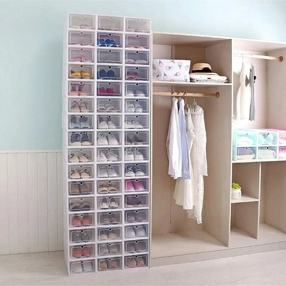 Foldable Flip Shoe Boxes Set (20/24 PCS) – Stackable Clear Plastic Shoe Storage Containers, 13" × 9" × 5.5"