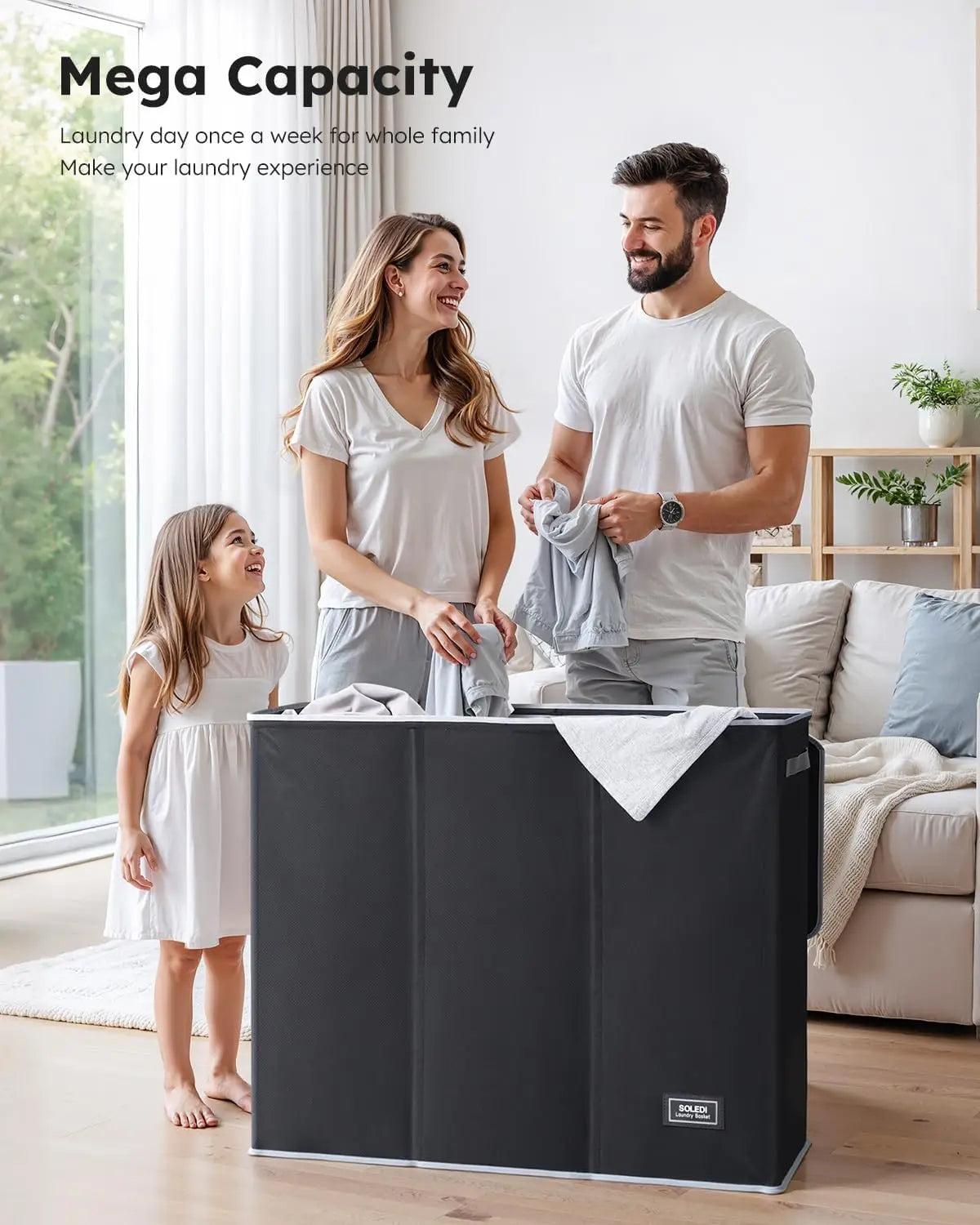 Extra Large Laundry Hamper with Lid, 3-Section Organizer for Laundry Room and Bedroom, Includes 3 Sturdy Handle Bage
