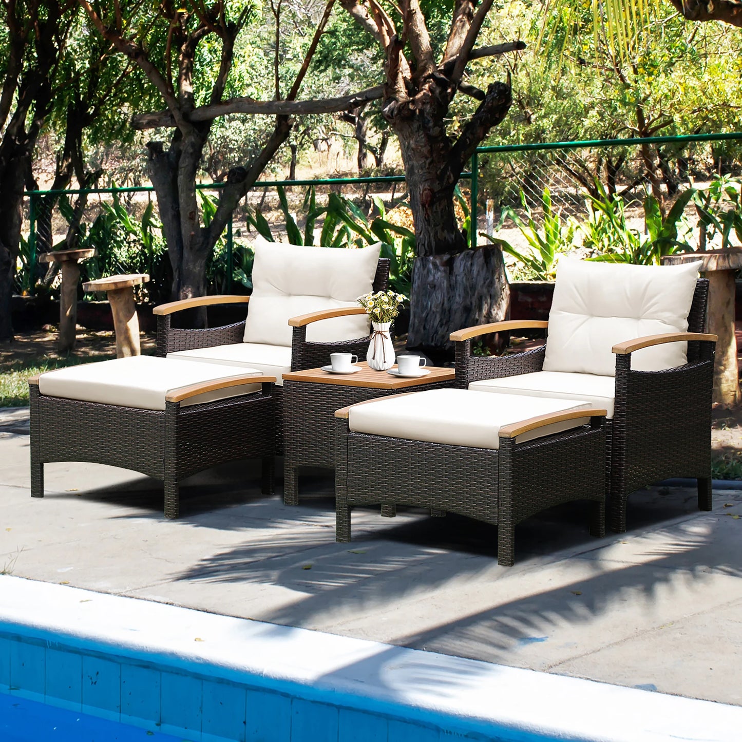 5-PCS Patio Rattan Wicker Furniture Set, 2 Chairs, 2 Ottomans with Table