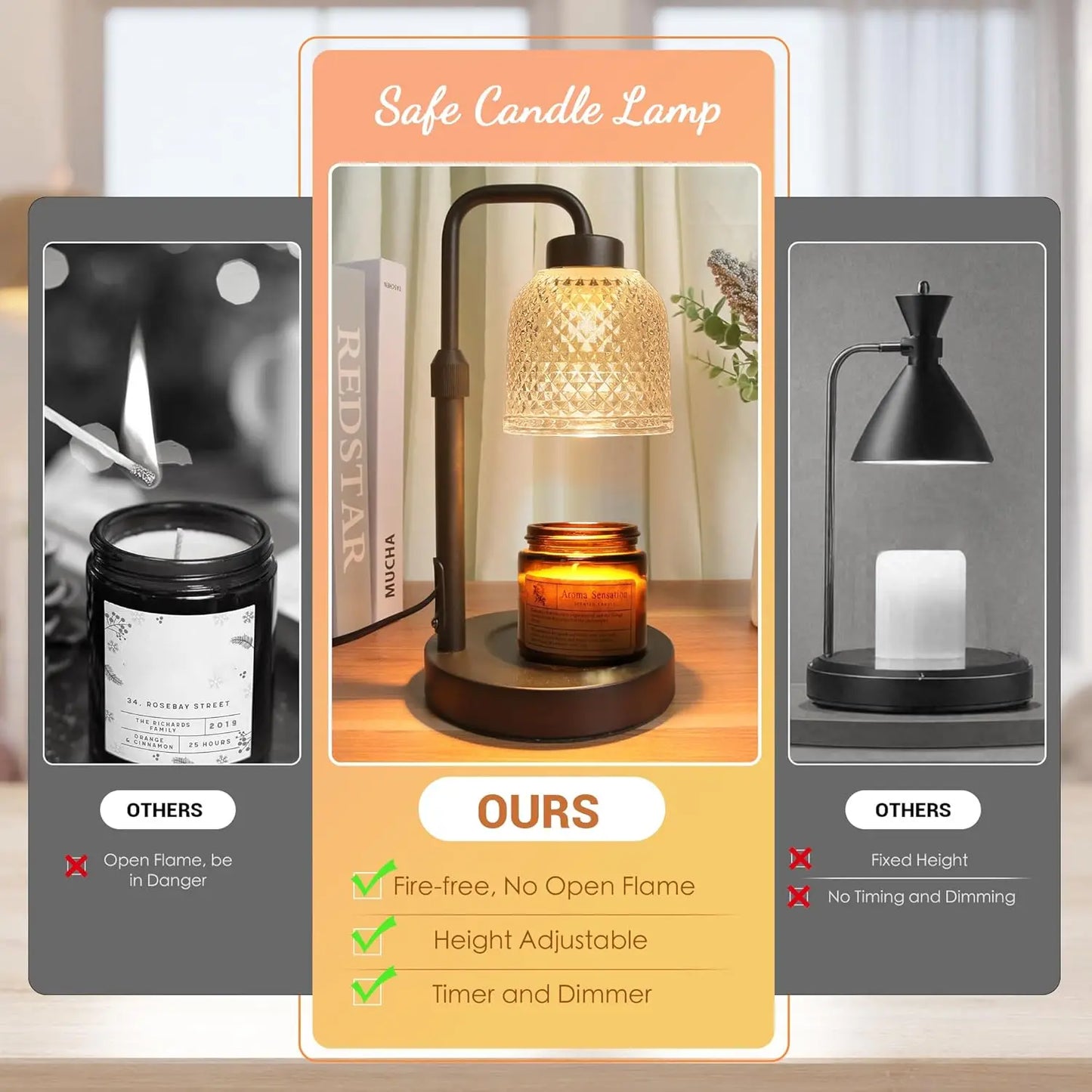 Dimmable Candle Warmer Lamp with Timer – Adjustable Height for Clean, Flameless Fragrance