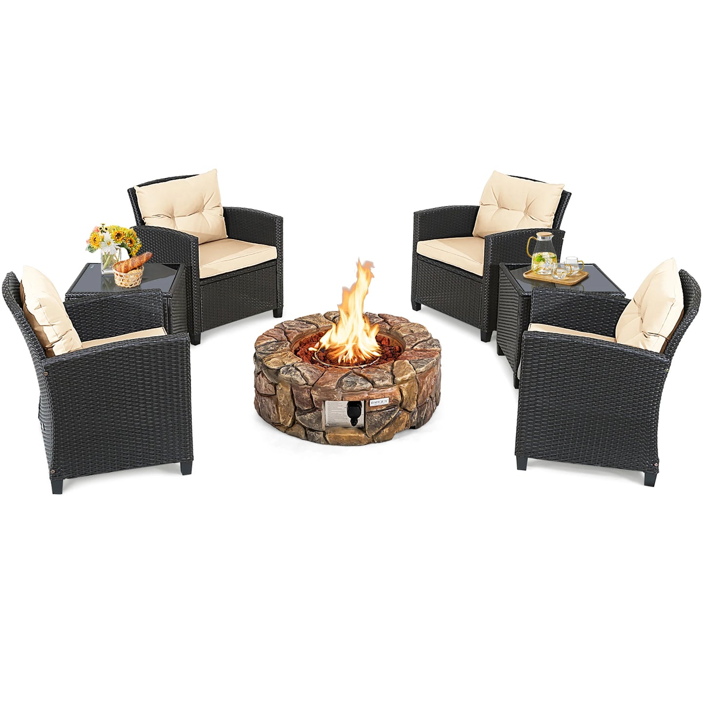 7‑Piece Rattan Wicker Patio Furniture Set – Outdoor Sectional with Gas Fire Pit Table & Cushions