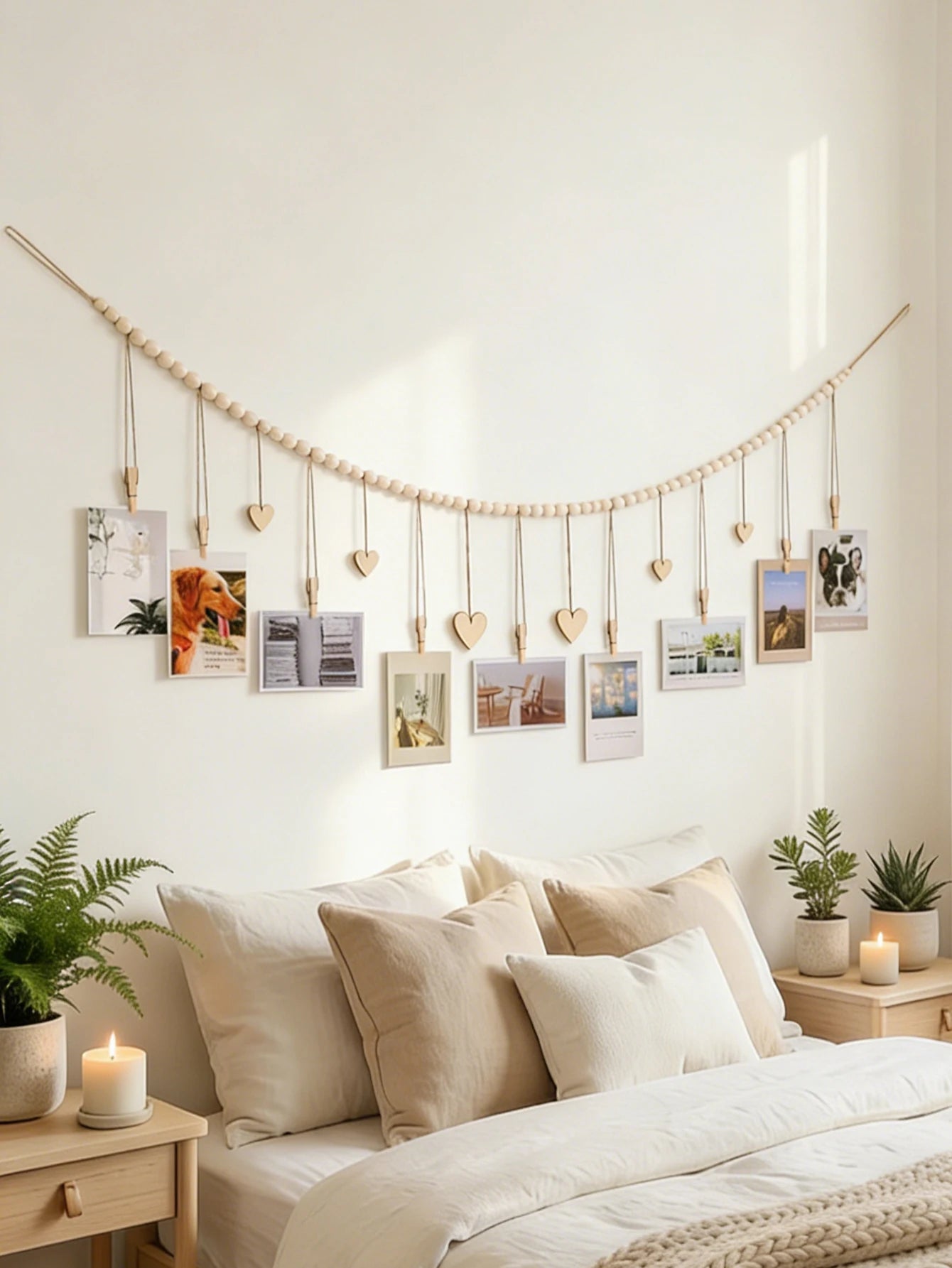 Wooden Bead Photo Garland with Heart Clips – Boho Hanging Picture Display for Bedroom, Dorm & Home Décor