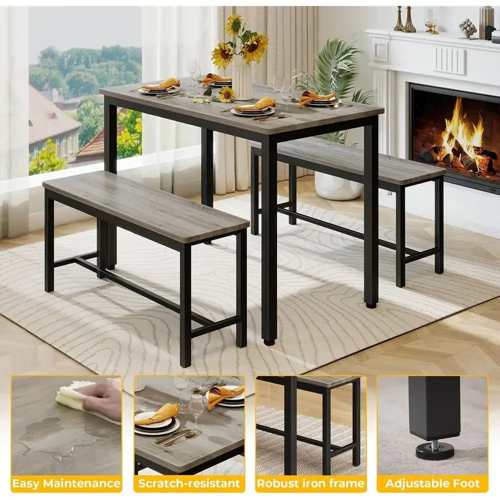 Durable 4-Person Dining Set with Bench, Easy Assembly, Grey