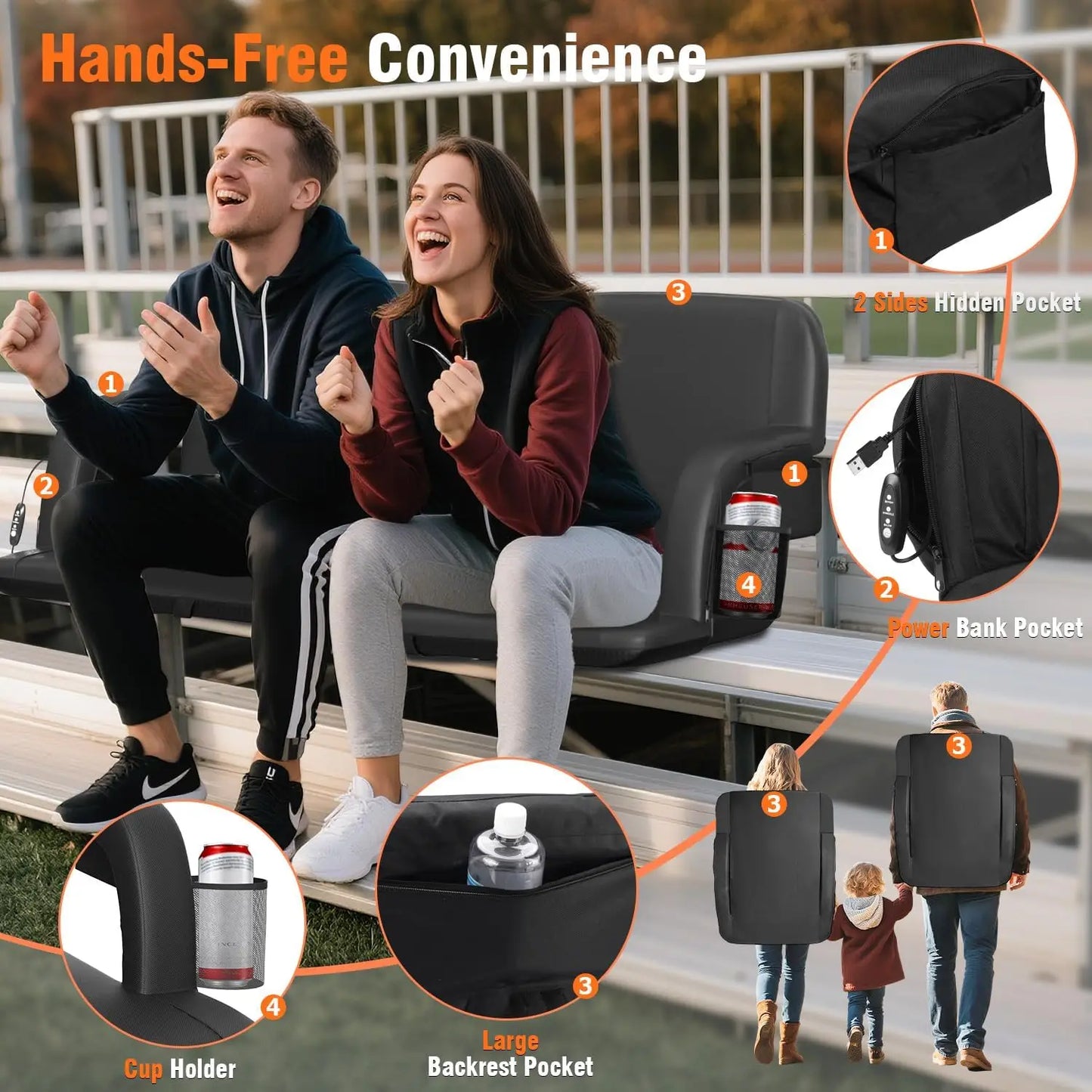 Heated Stadium Seat with Back Support, Foldable Chair with USB Heating and Storage Pockets for Outdoor Events