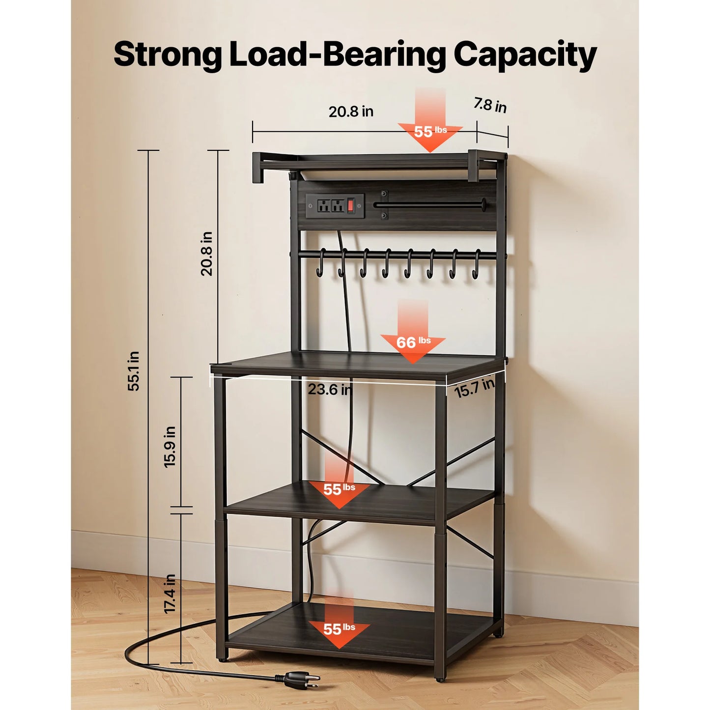Power Bakers Rack with Support Bar – Kitchen Storage Shelf with Hooks for Dishes & Spice Bottles