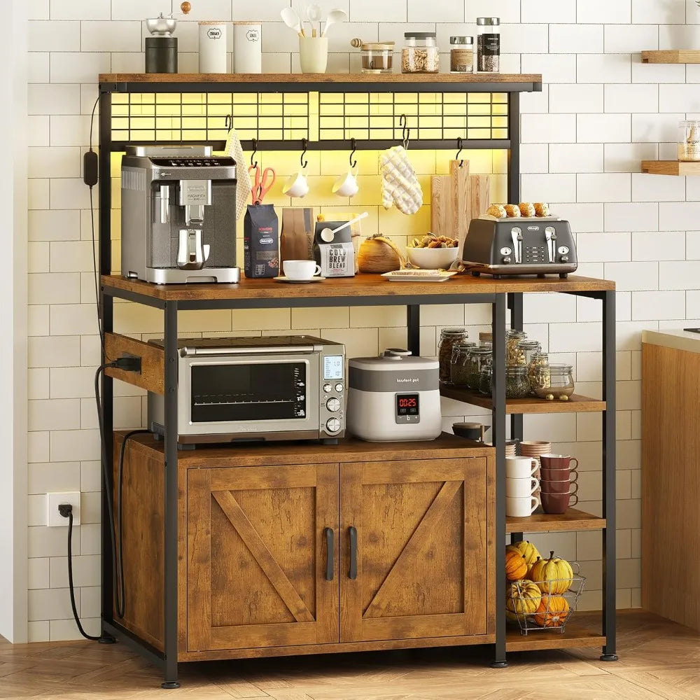 Bakers Rack with Power Outlet and LED Light, Microwave Stand with Storage Cabinet, Coffee Bar Cabinet Station