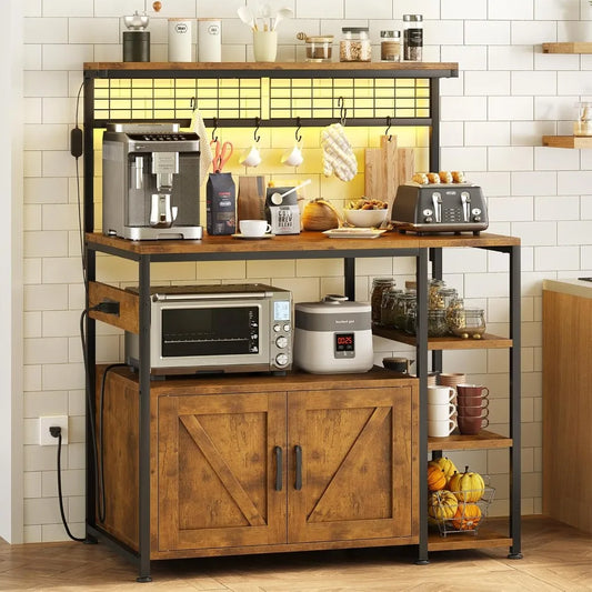 Bakers Rack with Power Outlet and LED Light, Microwave Stand with Storage Cabinet, Coffee Bar Cabinet Station
