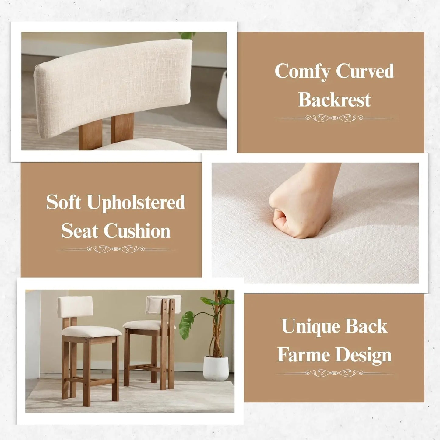 30" Wooden Bar Stools (Set of 4) – Curved Back Counter Chairs with Linen Upholstered Seat