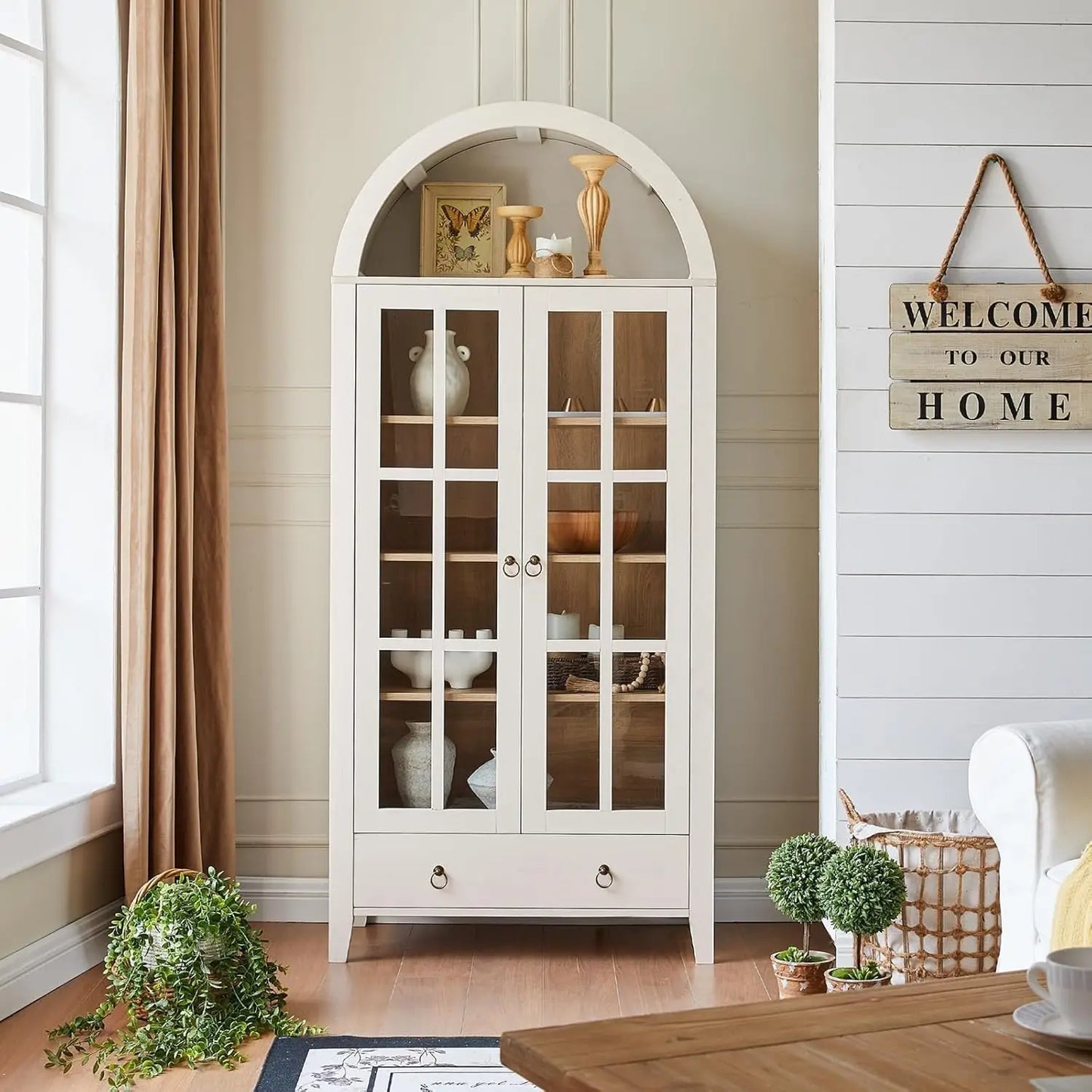 Elegant 71-Inch Arched Display Cabinet – Natural Wood Finish