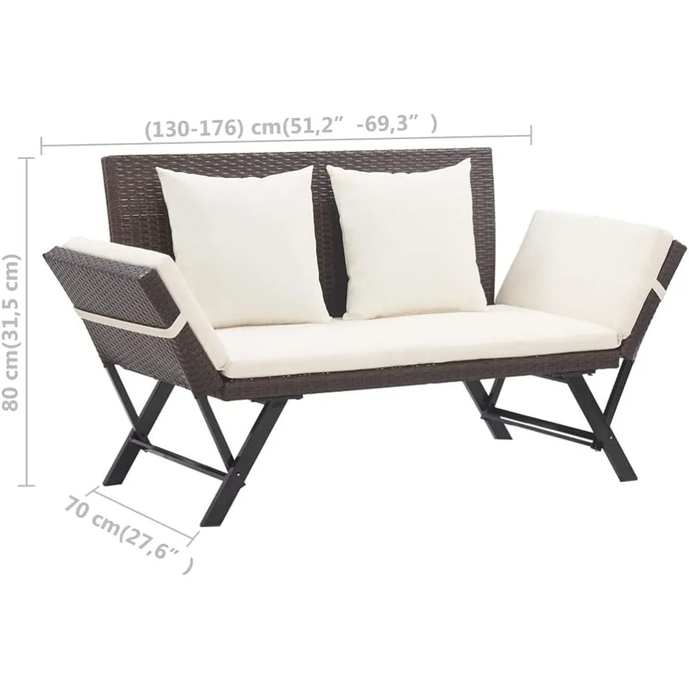 Convertible Bench to Day Bed, Brown Poly Rattan with Cushions, Adjustable Sides