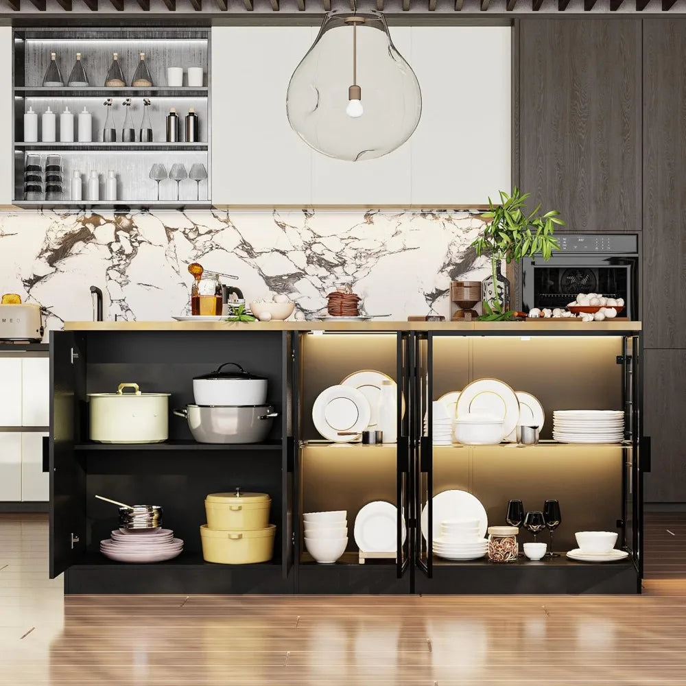 77.6" Kitchen Island with Storage & 3-Color Light with Glass Doors, Adjustable Shelf and Drawers