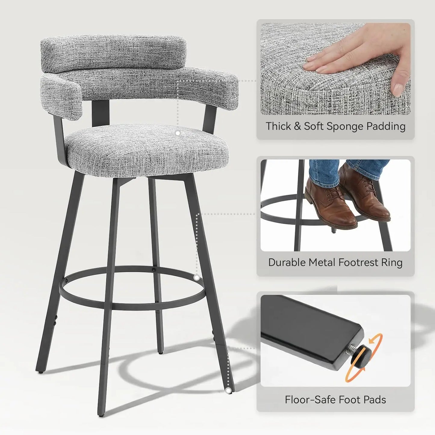 30" Swivel Bar Stools (Set of 2) – Full‑Back Chairs with Linen Padding & Metal Footrest