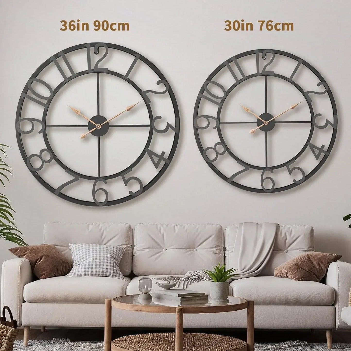 36" Oversized Wall Clock – Black Metal Decorative Clock for Living Room or Entryway