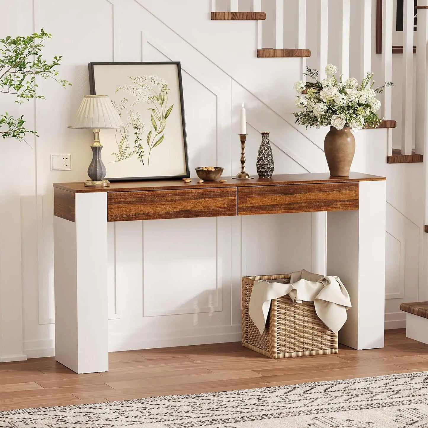 63 Inch Entryway Table with 2 Drawers, Narrow Slim Console Table, Long Wood Sofa Table Behind Couch for Hallway & Living Room