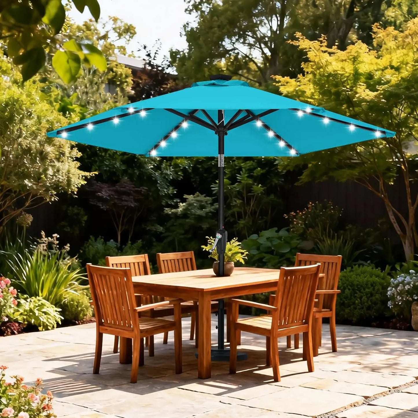 7.5FT Solar Patio Umbrella – Durable Outdoor Umbrella with 24 LED Lights for Garden & Backyard (Turquoise)