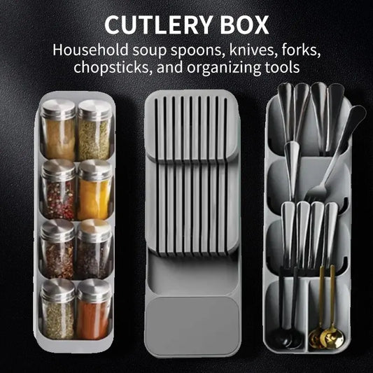 Kitchen Drawer Cutlery Storage Tray Knife Holder Spoon Forks Tableware Organizer Container For Spice Bottles Knives