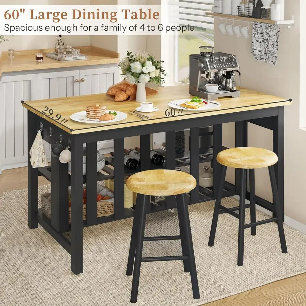 60" Kitchen Island with Power Outlets, Ample Work Surface, 3 Drawers & 2 Shelves, Black Cottage Style