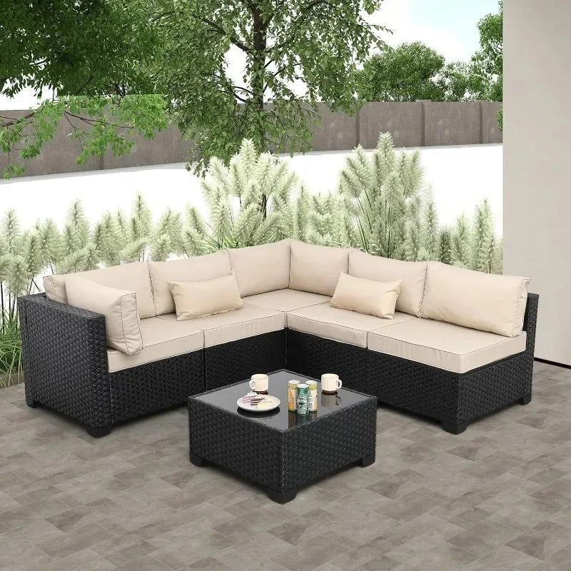 6‑Piece All‑Weather Rattan Patio Sectional – Wicker Outdoor Furniture Set with Cushions, Glass Table & Protective Cover