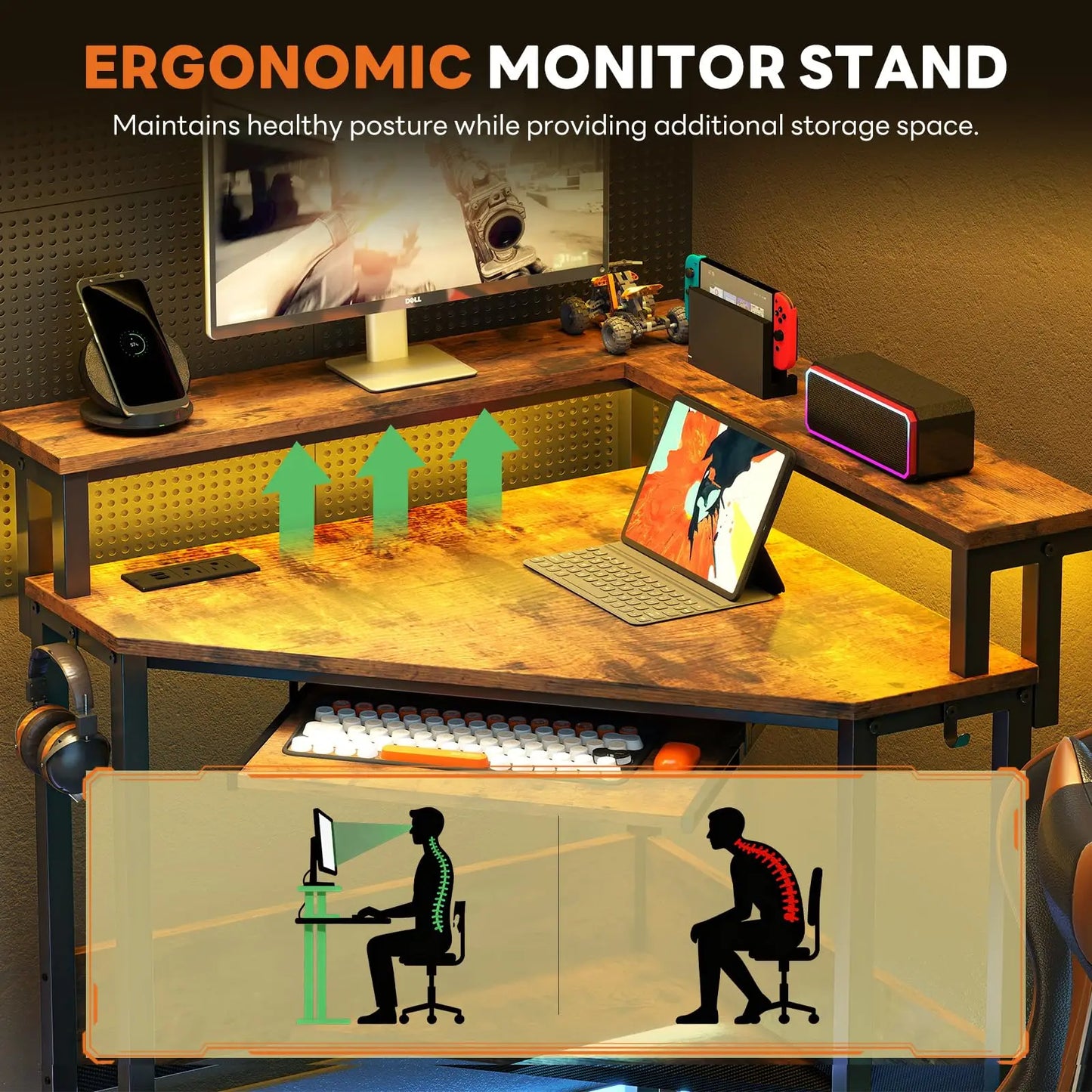 Corner Desk for Small Space with LED Lights