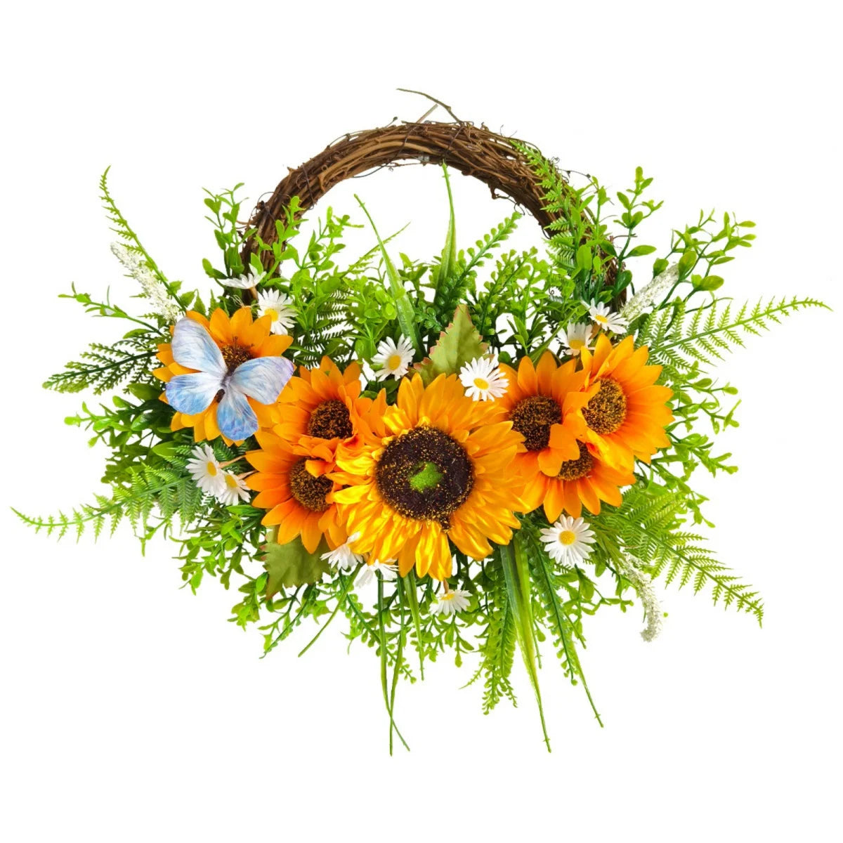 Artificial Sunflowers Wreath Spring Summer Floral Swags with Butterfly Fake Yellow Sunflower Rattan Garland for Front Door Decor