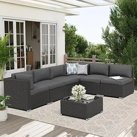 7-Piece Outdoor Patio Sofa Set - Black Rattan Wicker Set with Glass Top Table and Cushions(Red)