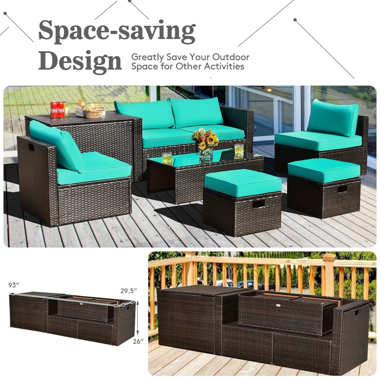 8‑Piece Rattan Outdoor Furniture Set – Sectional Sofa, Chairs, Storage Ottoman & Glass Table, Space‑Saving Design