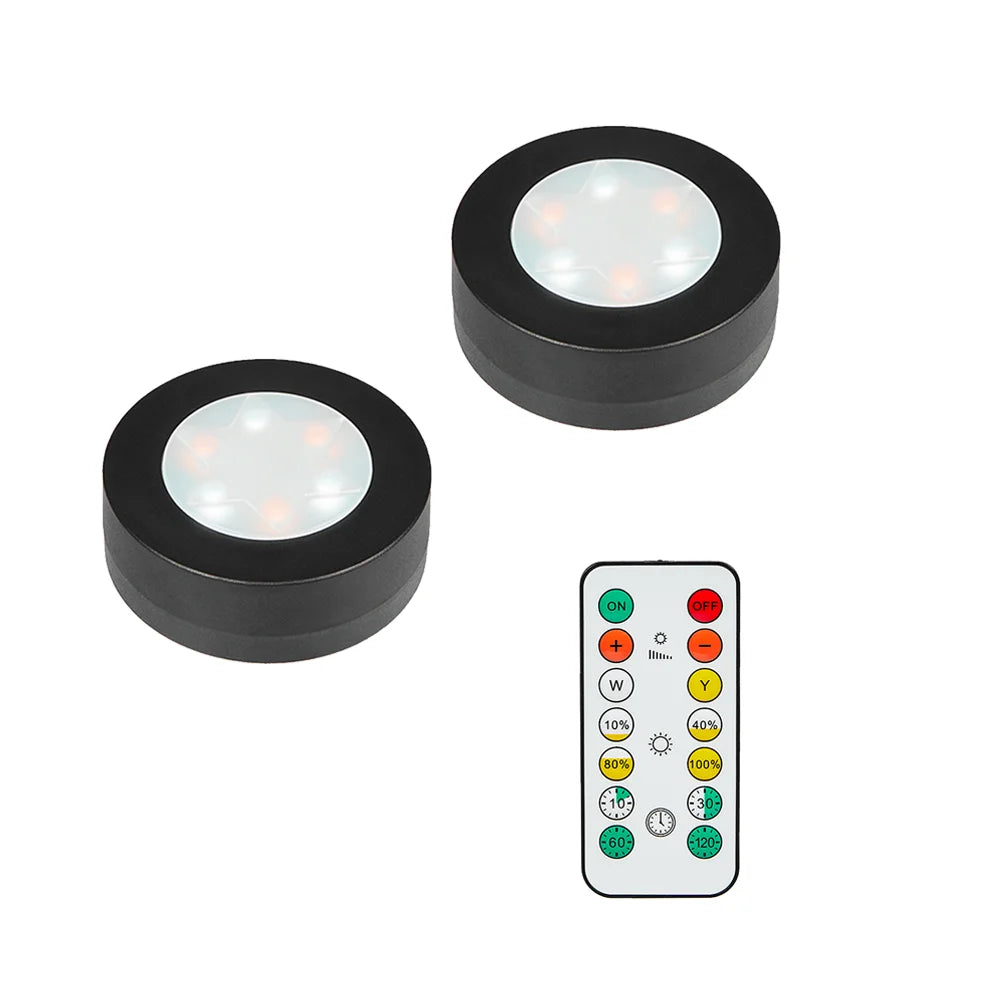 6-Pcs Black Round LED Under Cabinet Closet Light, Dimmable, Remote Control