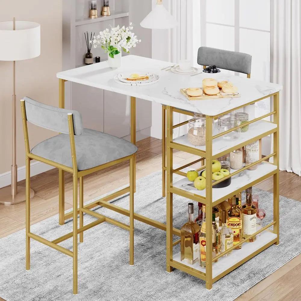 Space-Saving Bar Table Set with Storage, Comfortable Padded Stools, Durable Steel & Wood Construction