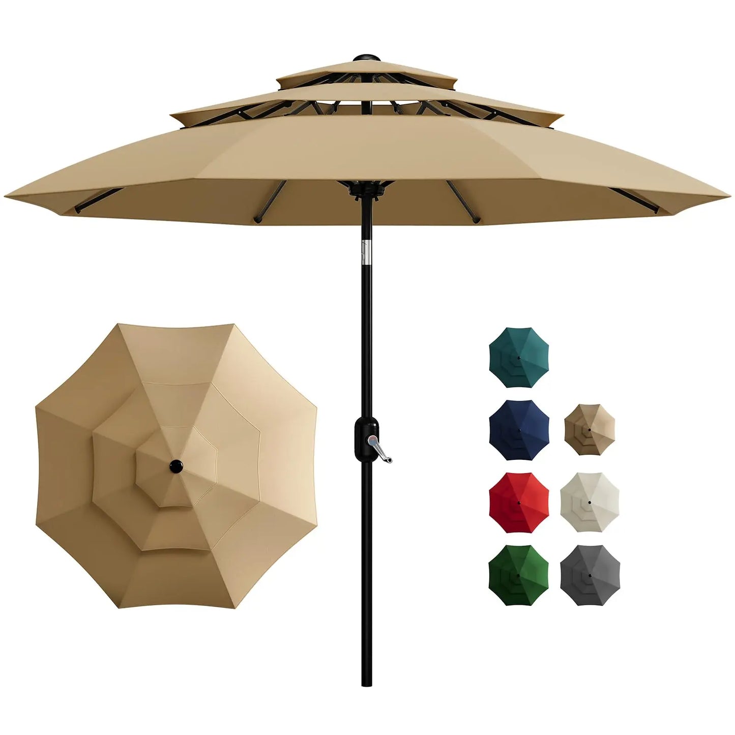 10FT 3‑Tier Patio Umbrella – Vented Outdoor Market Umbrella with Crank & Tilt, Fade‑Resistant Sunshade